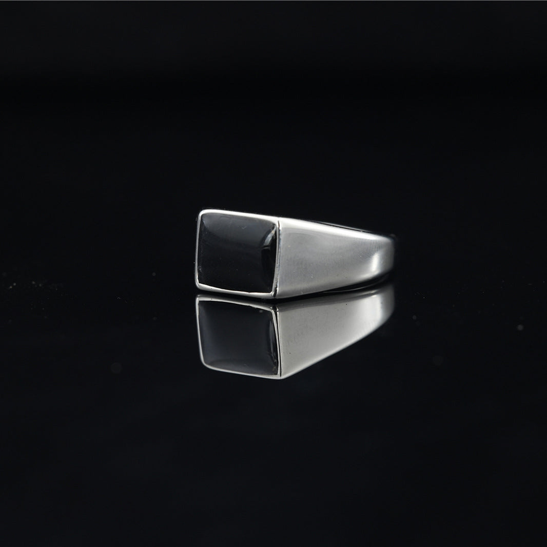 Vintage Men Titanium Steel Ring Minimalist Square Tiger Eye Black Agate Gemstone Inlaid Signet Finger Ring Jewelry Gift