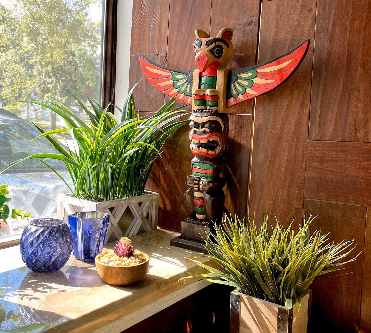 Light Brown Northwest Coast Style Eagle Totem Pole Sculpture