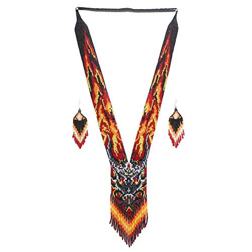 Native Tribal Style Long Statement Beaded Necklace for Women Y Shape: Black Fire Animal
