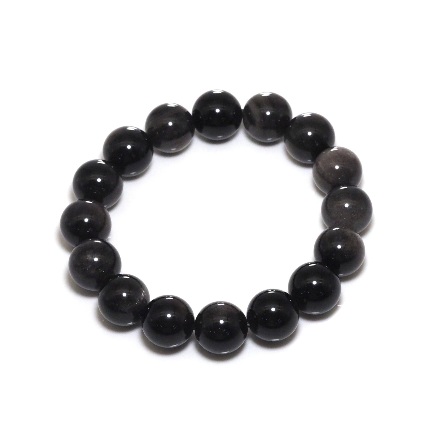 Genuine Silver Obsidian Round Smooth Stretchy Bracelet, 10mm