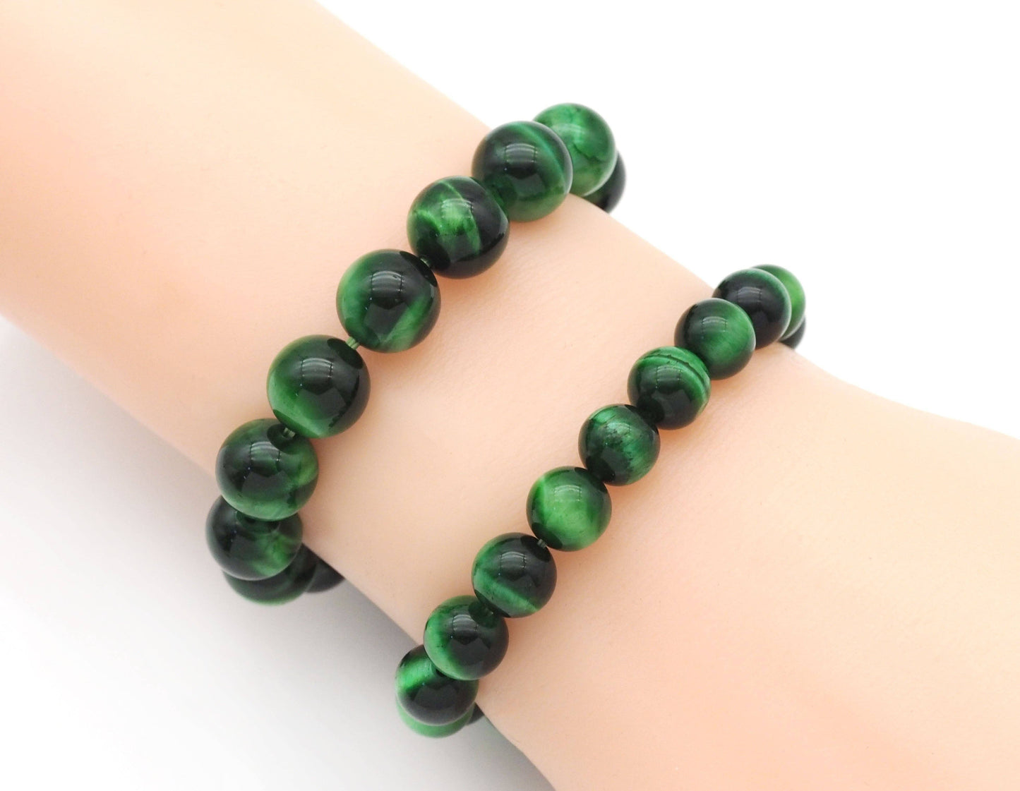 Natural Green Tiger Eye Round Smooth Stretchy Bracelet, 12mm