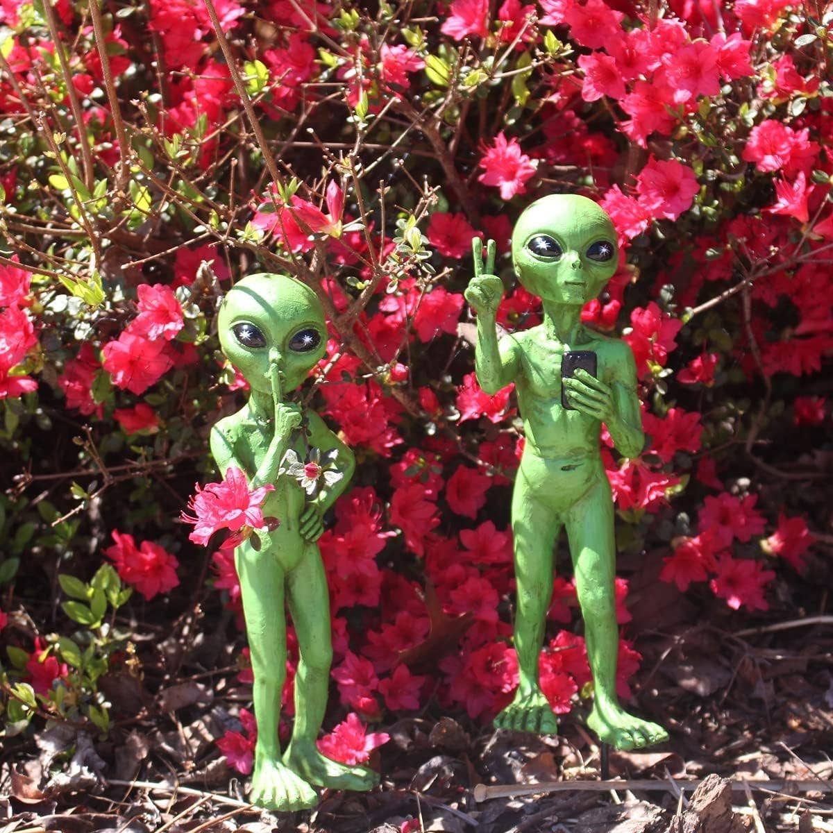 Standing Aliens "Peace & Quiet" 10 IN Tall Garden Stakes Set: Gray