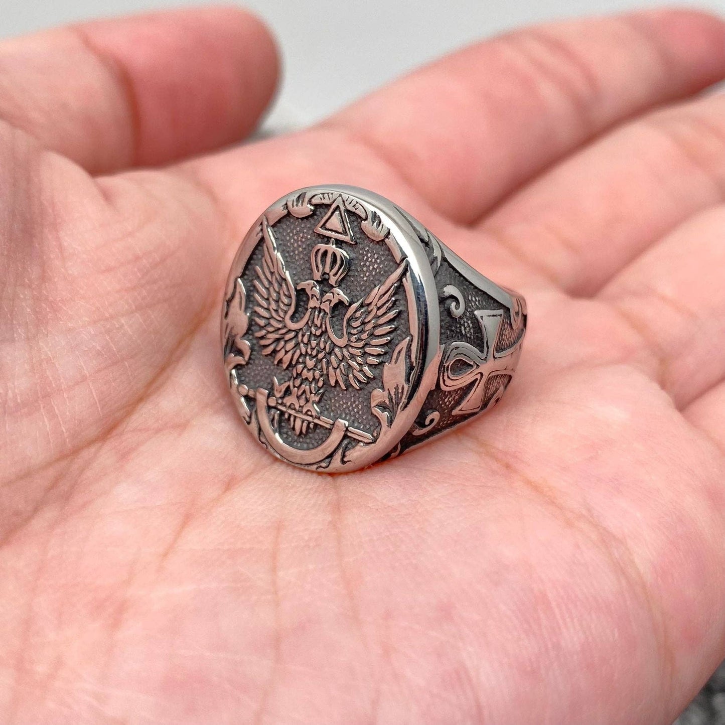 Ankh Double-headed Eagle Stainless Steel Ring - MJ/MR: 13