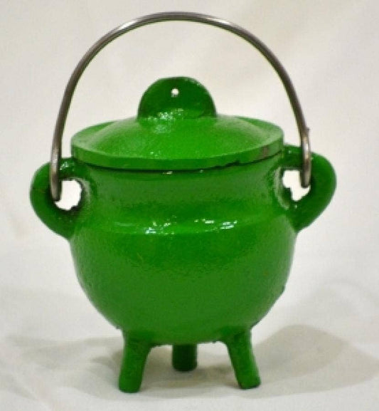 Green Cast Iron Cauldron W/Lid 3"H 2.75"D