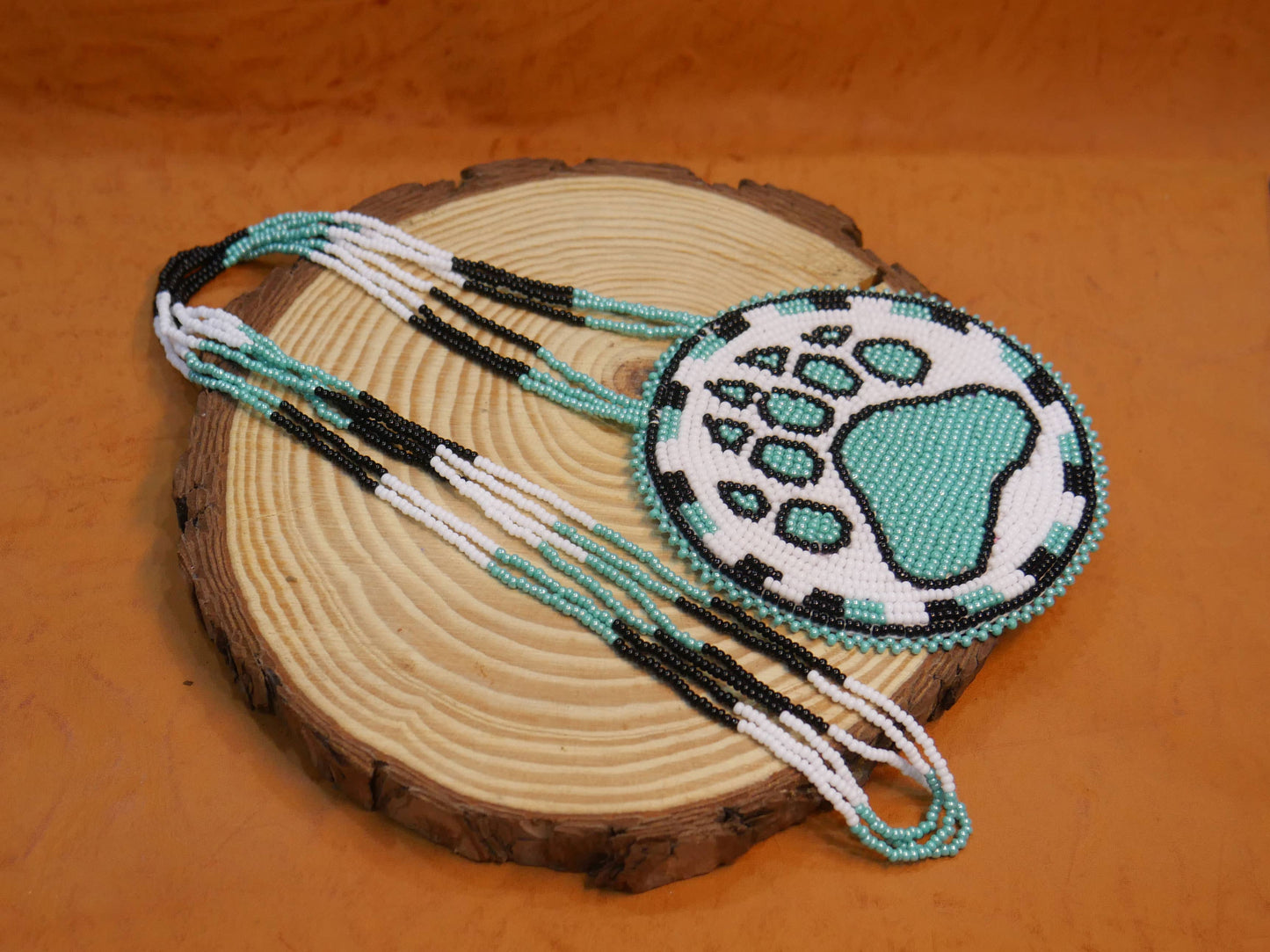 Native American White Bear-Paw Beaded medallion Necklace