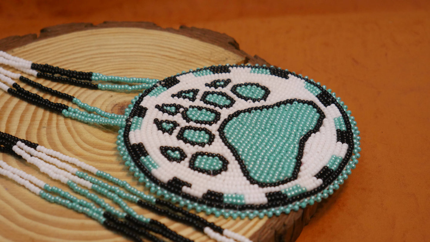 Native American White Bear-Paw Beaded medallion Necklace