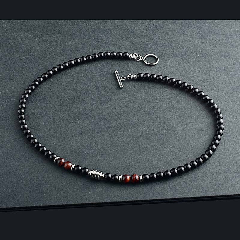 Black Agate Crystal Bead Men Necklace in Stainless Steel: 56 cm / Tiger's Eye