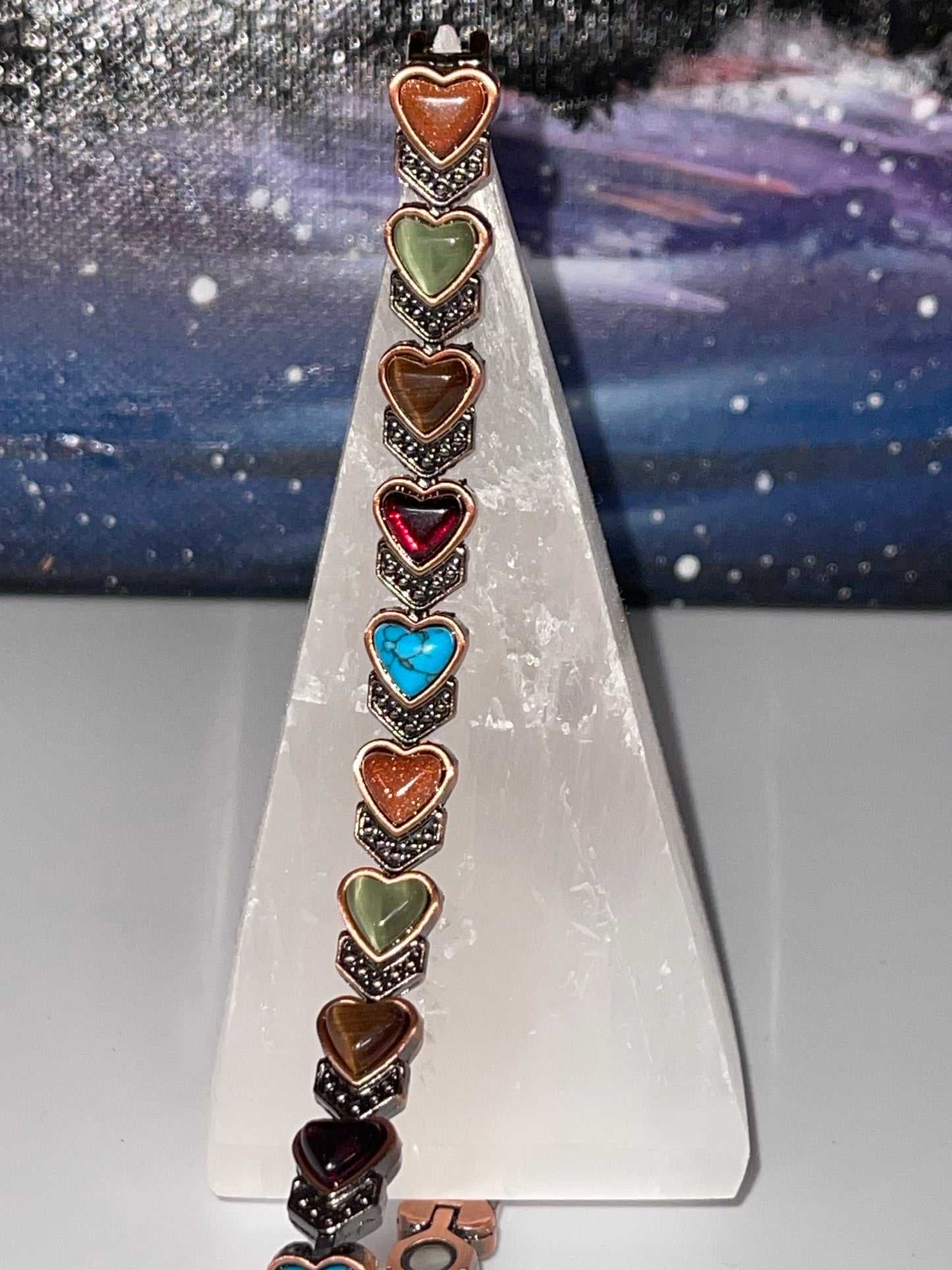 Multi-Crystal Heart Style Magnetic Copper Bracelet w/ Fold Over Clasp