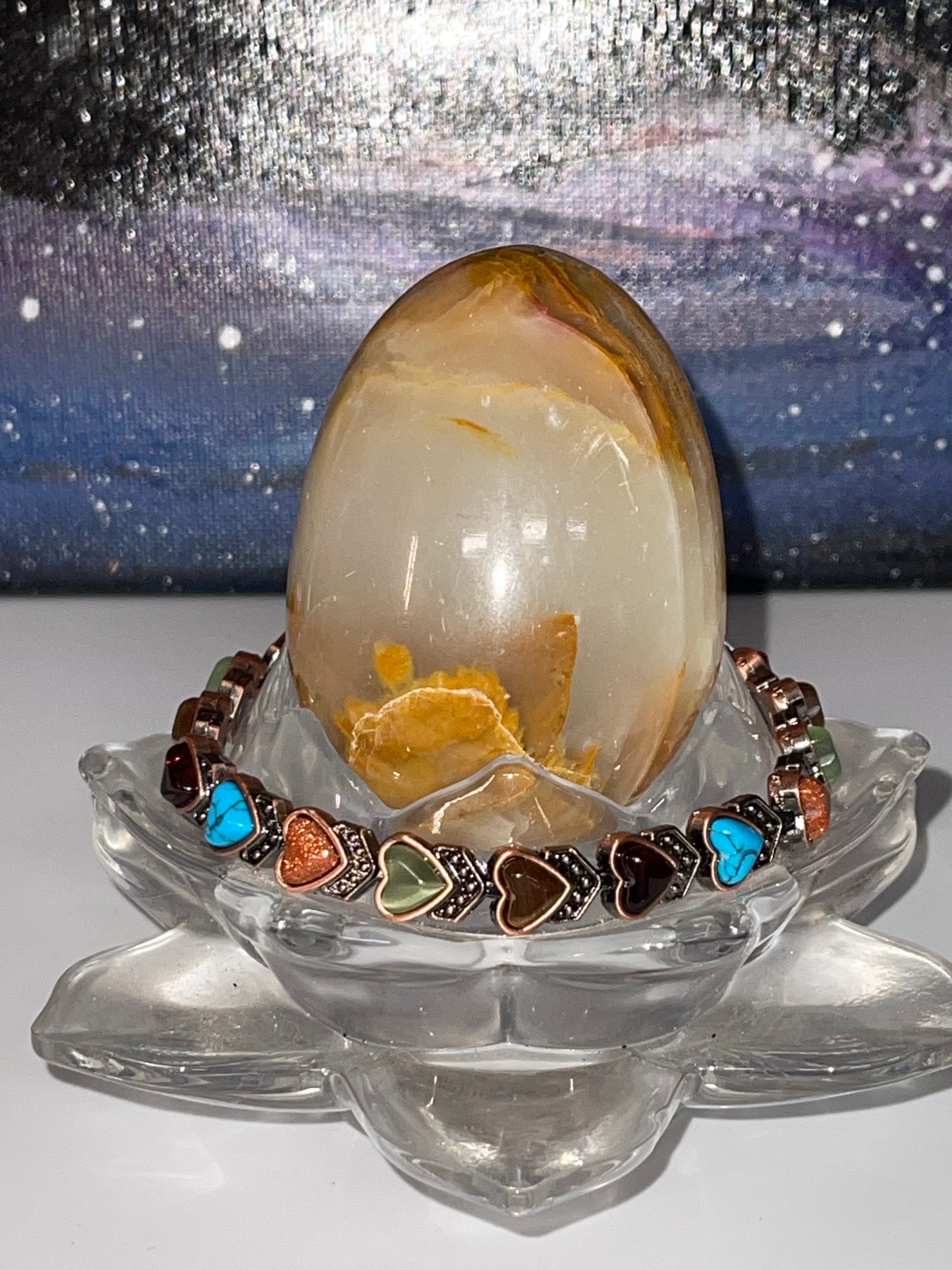 Multi-Crystal Heart Style Magnetic Copper Bracelet w/ Fold Over Clasp