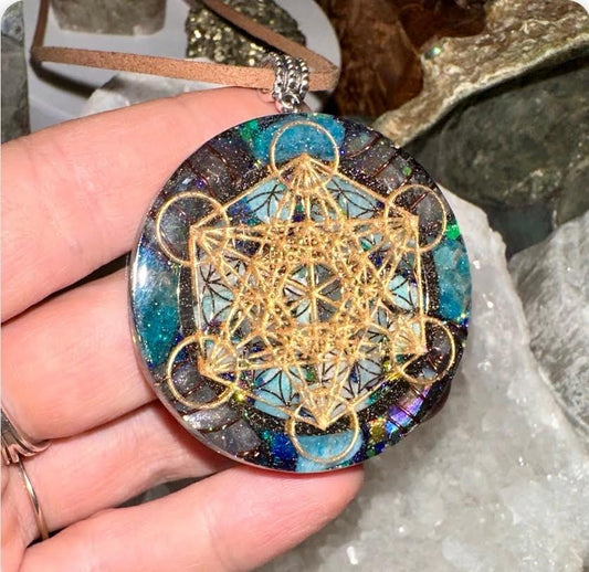 Flowers of Life and Metatron Cube Orgonite Pendant