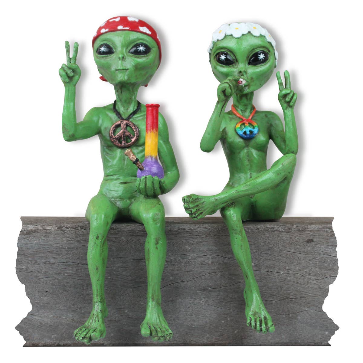 “Hippie and Stoner” 10 Inch H Alien Shelf Sitter Statues: Green