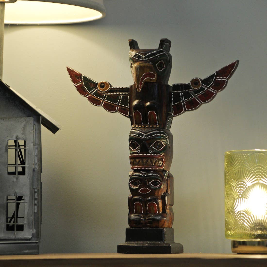 Wooden Dot Painted Eagle Totem with Spread Wings 12 Inch