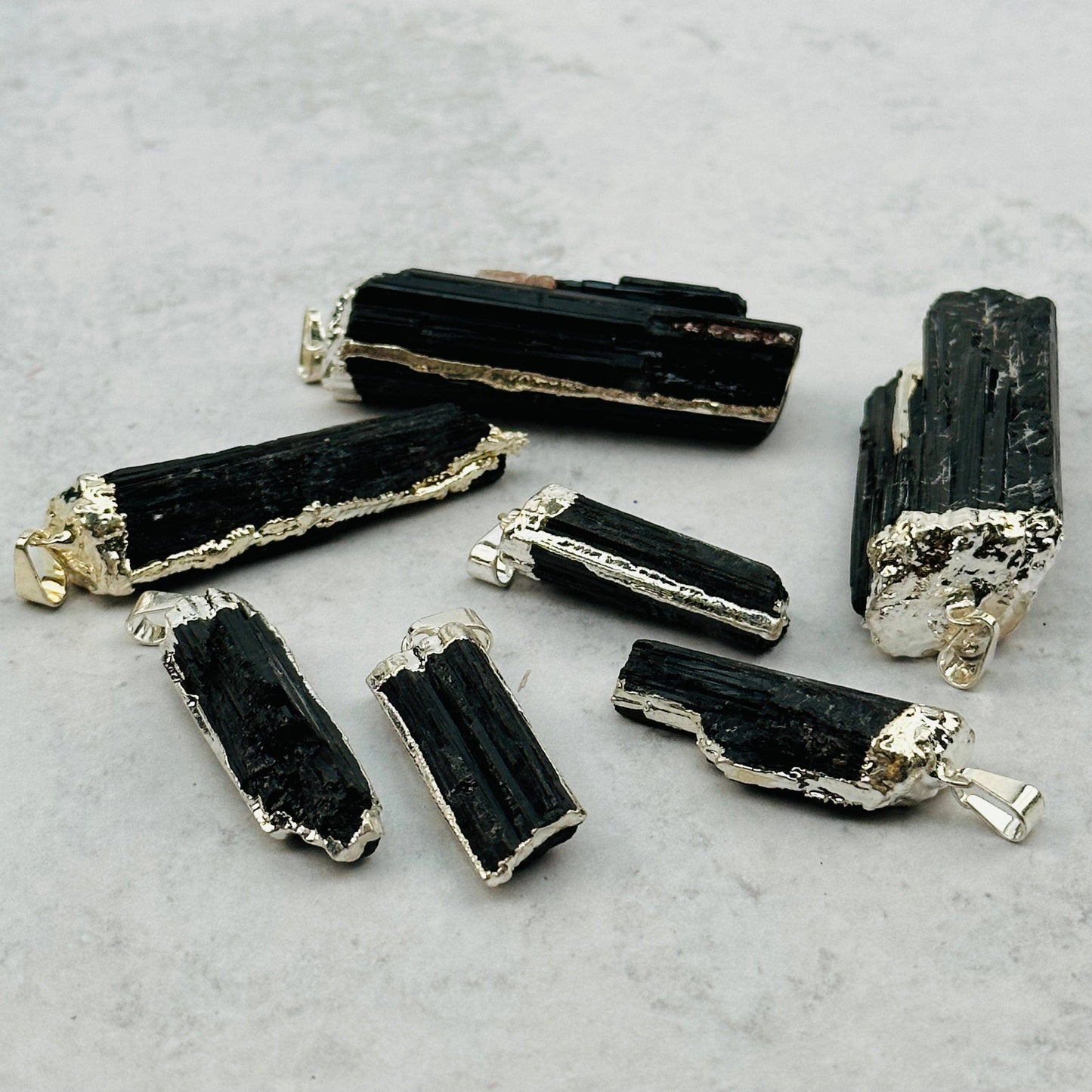 Black Tourmaline Crystal Pendant with Electroplated Silver E