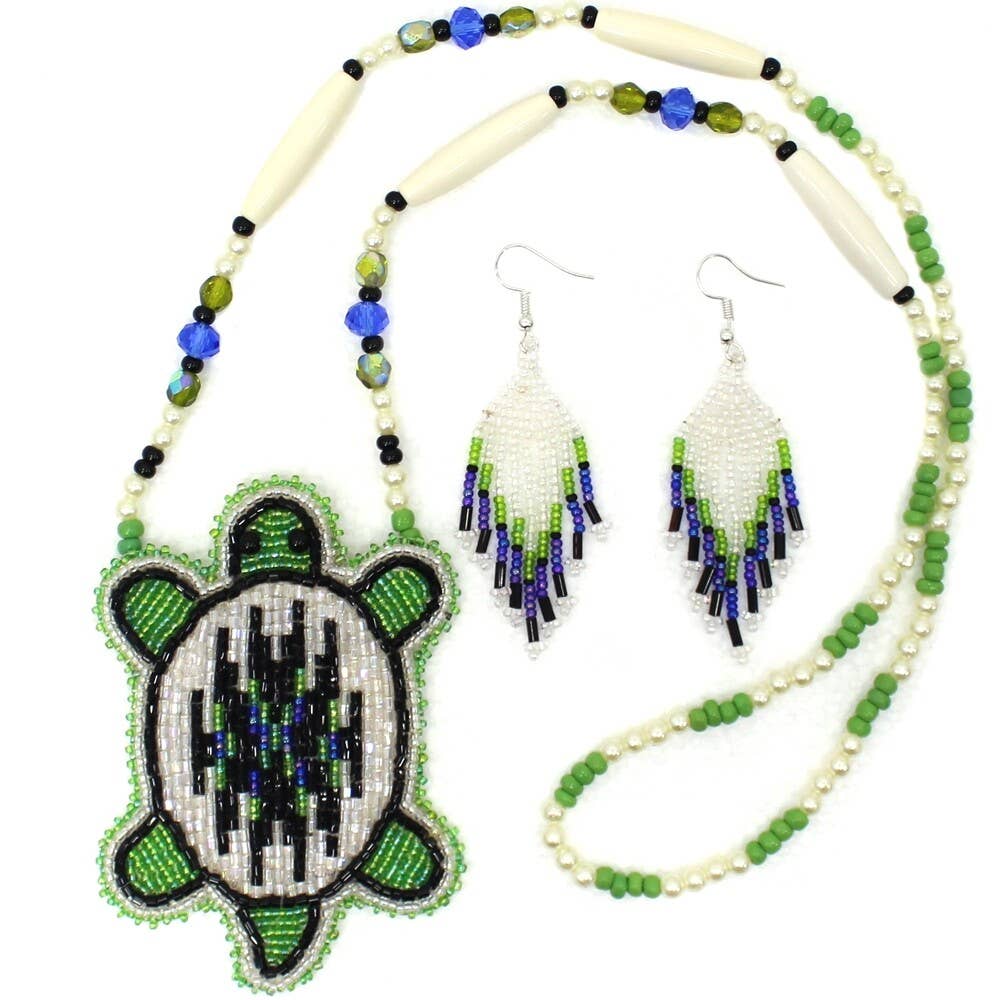 Handmade Blue Green White Turtle Long Necklace Earring Set
