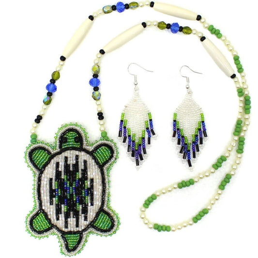 Handmade Blue Green White Turtle Long Necklace Earring Set