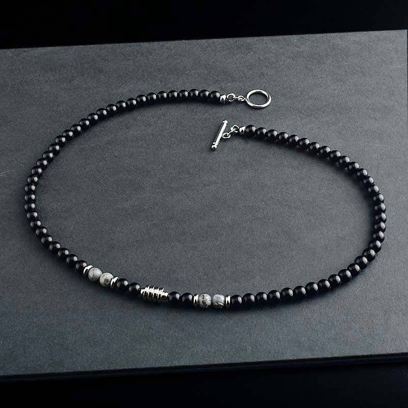 Black Agate Crystal Bead Men Necklace in Stainless Steel: 46 cm / Tiger's eye