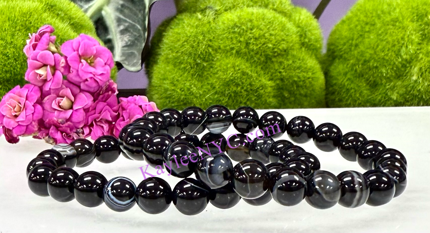 8mm Natural Onyx 7.5” Crystals Stretch Bracelet