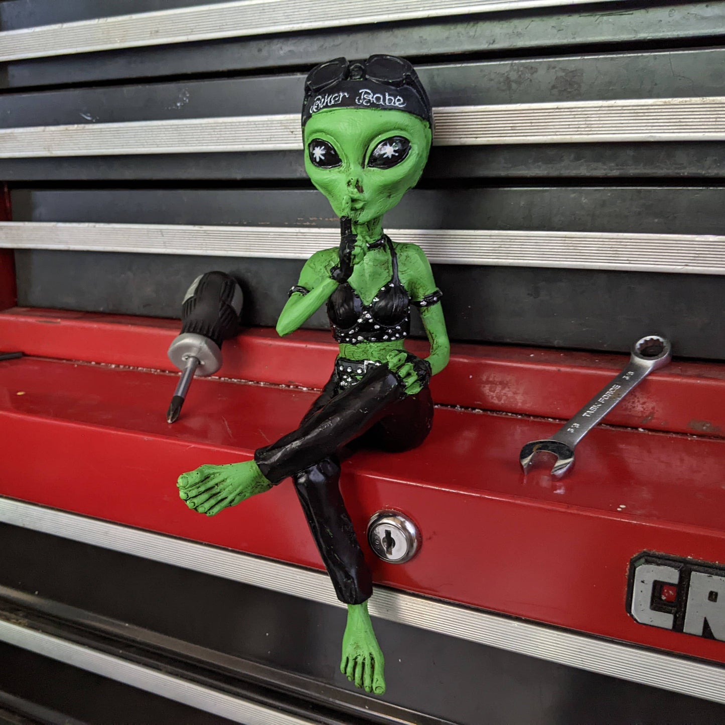 Alien Invasion Biker Babe Ledge Lounger 10" tall Figurine: Green