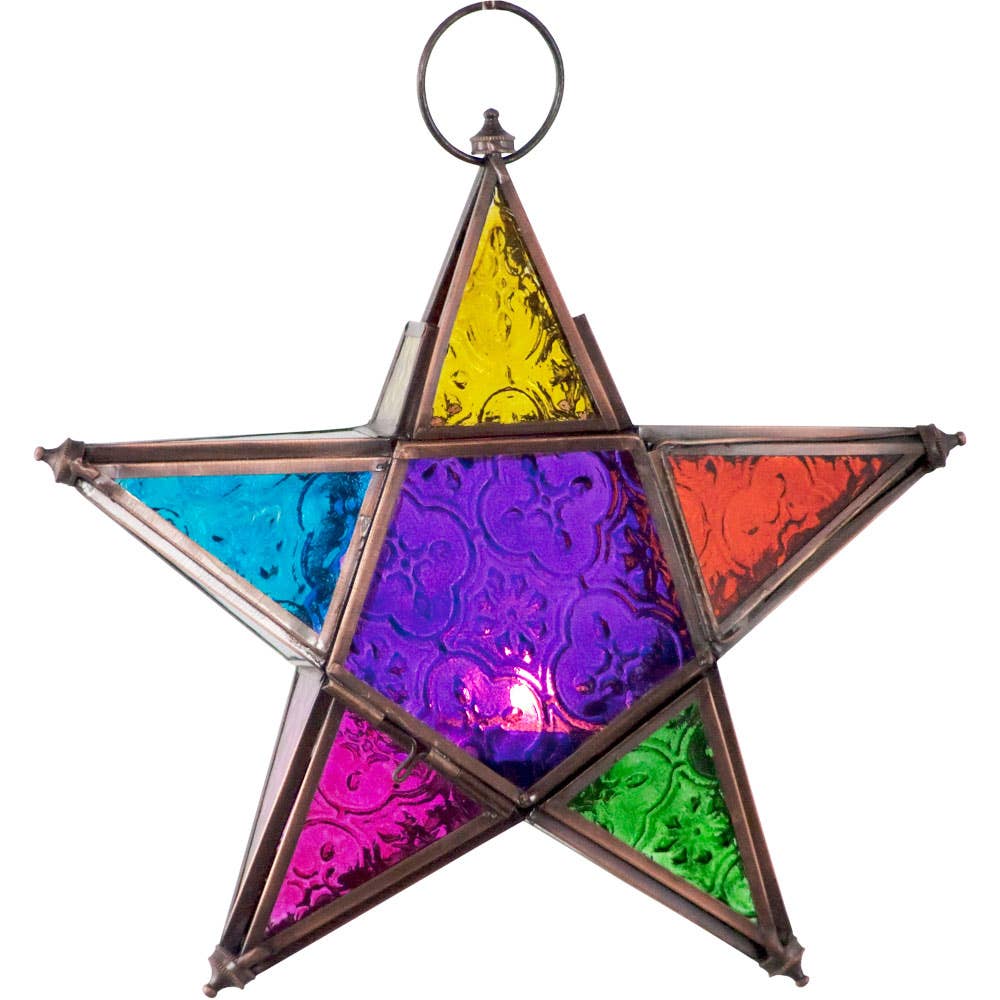 Glass & Metal Lantern 5 Point Star Multi Colored (Each)