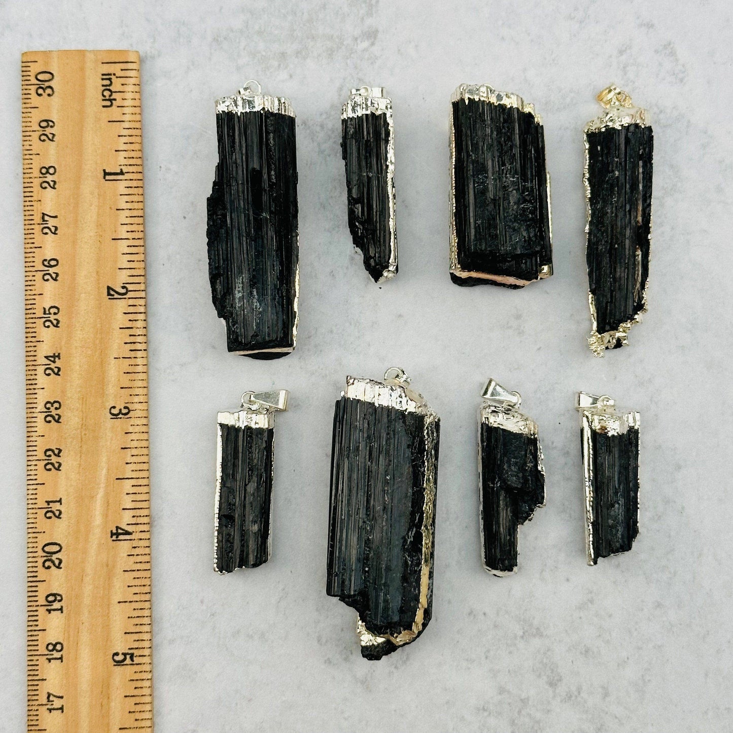 Black Tourmaline Crystal Pendant with Electroplated Silver E