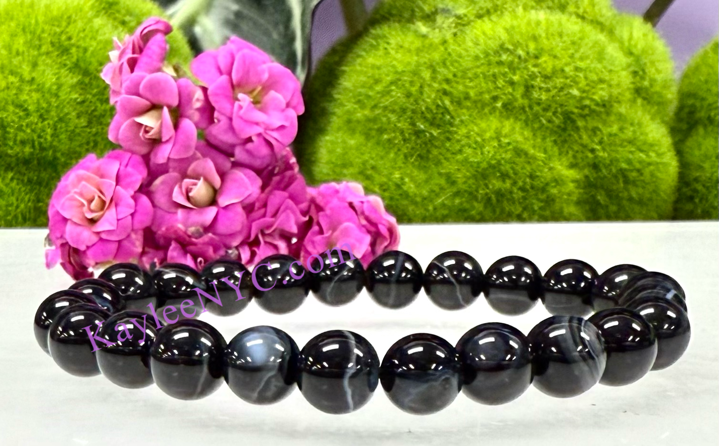 8mm Natural Onyx 7.5” Crystals Stretch Bracelet