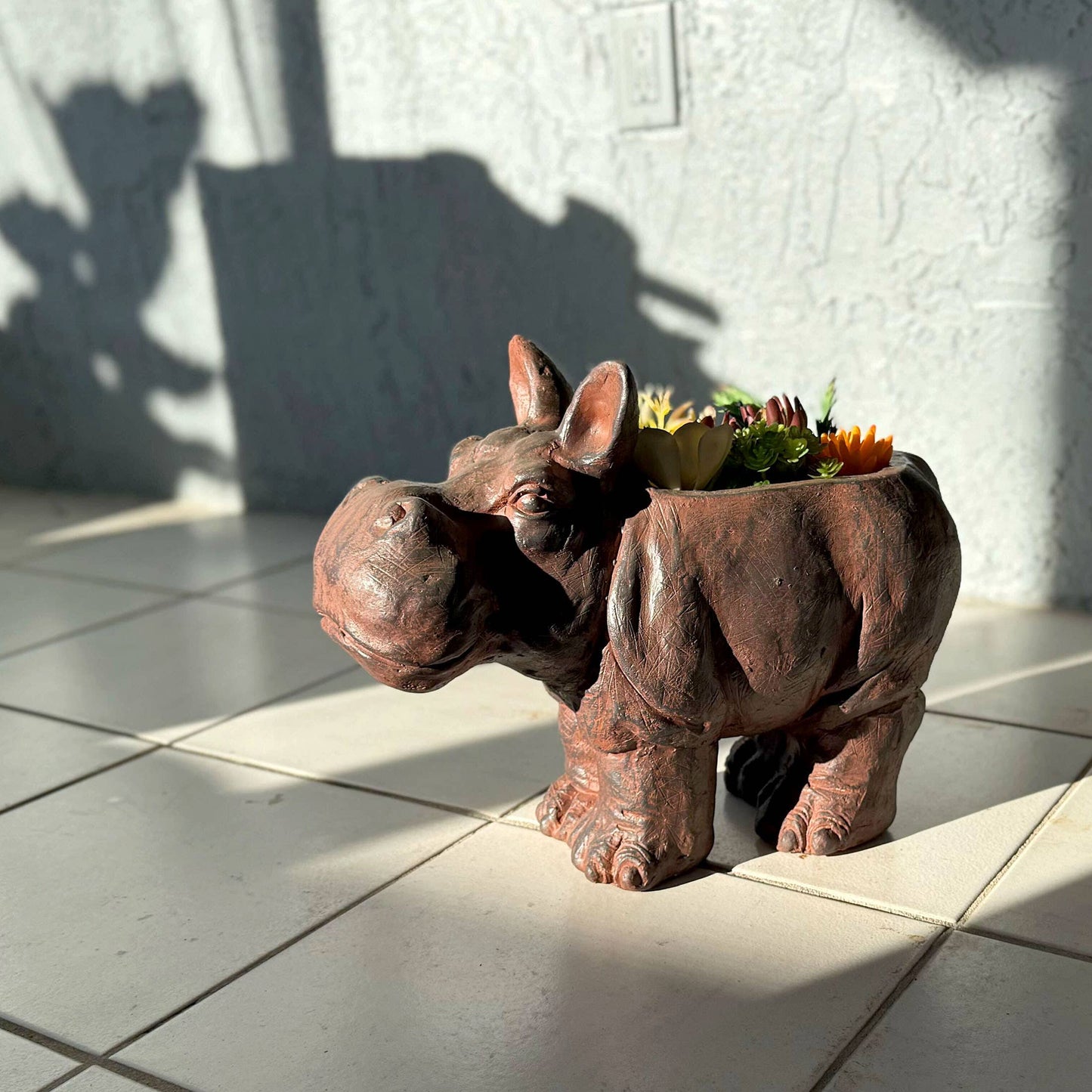 Charming Brown Hippopotamus Planter with Drain Hole