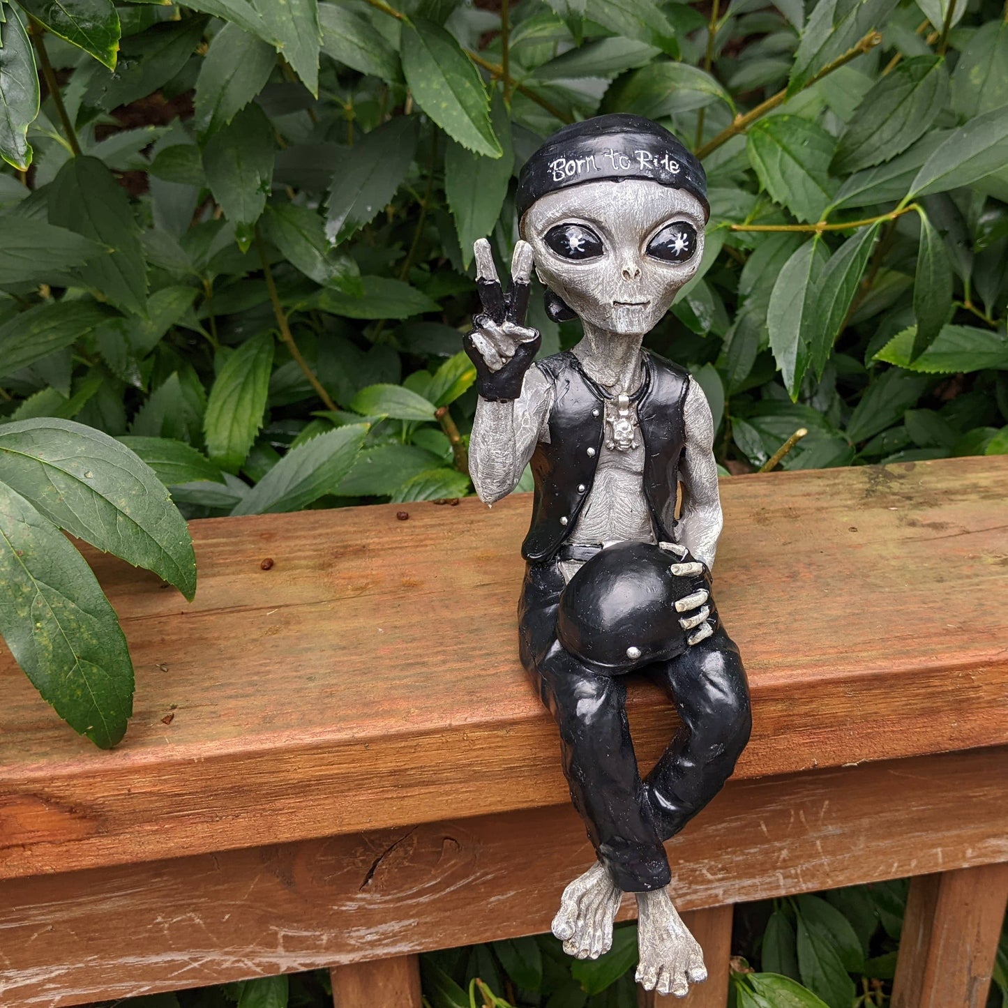 Alien Invasion Biker Dude Ledge Lounger 10" tall Figurine: Green