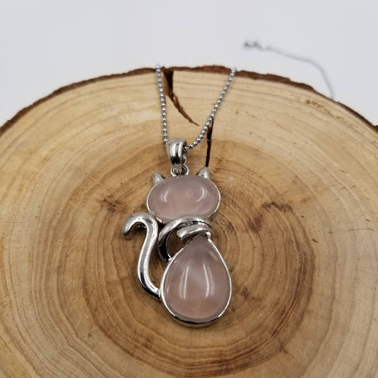 Natural Crystal Cat Pendant Necklace: Rose Quartz