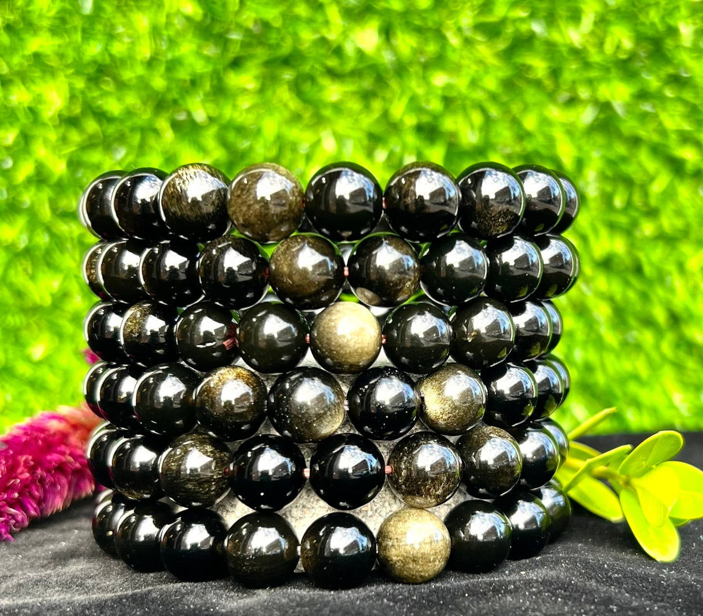 Natural Gold Sheen Obsidian 10mm 8” Crystal Stretch Bracelet