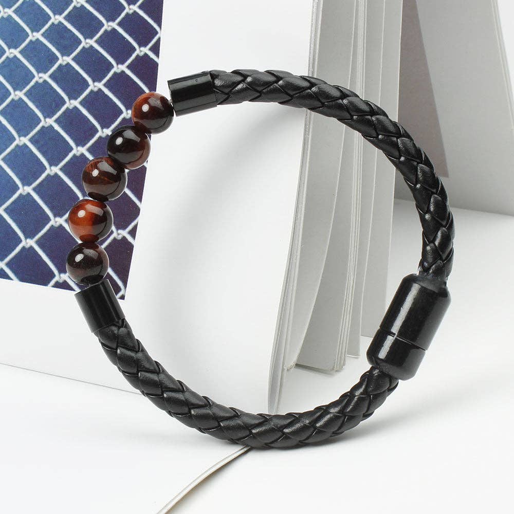 Natural Crystal Stone Bead Leather Bracelet in PU Leather: Red Tiger's eye