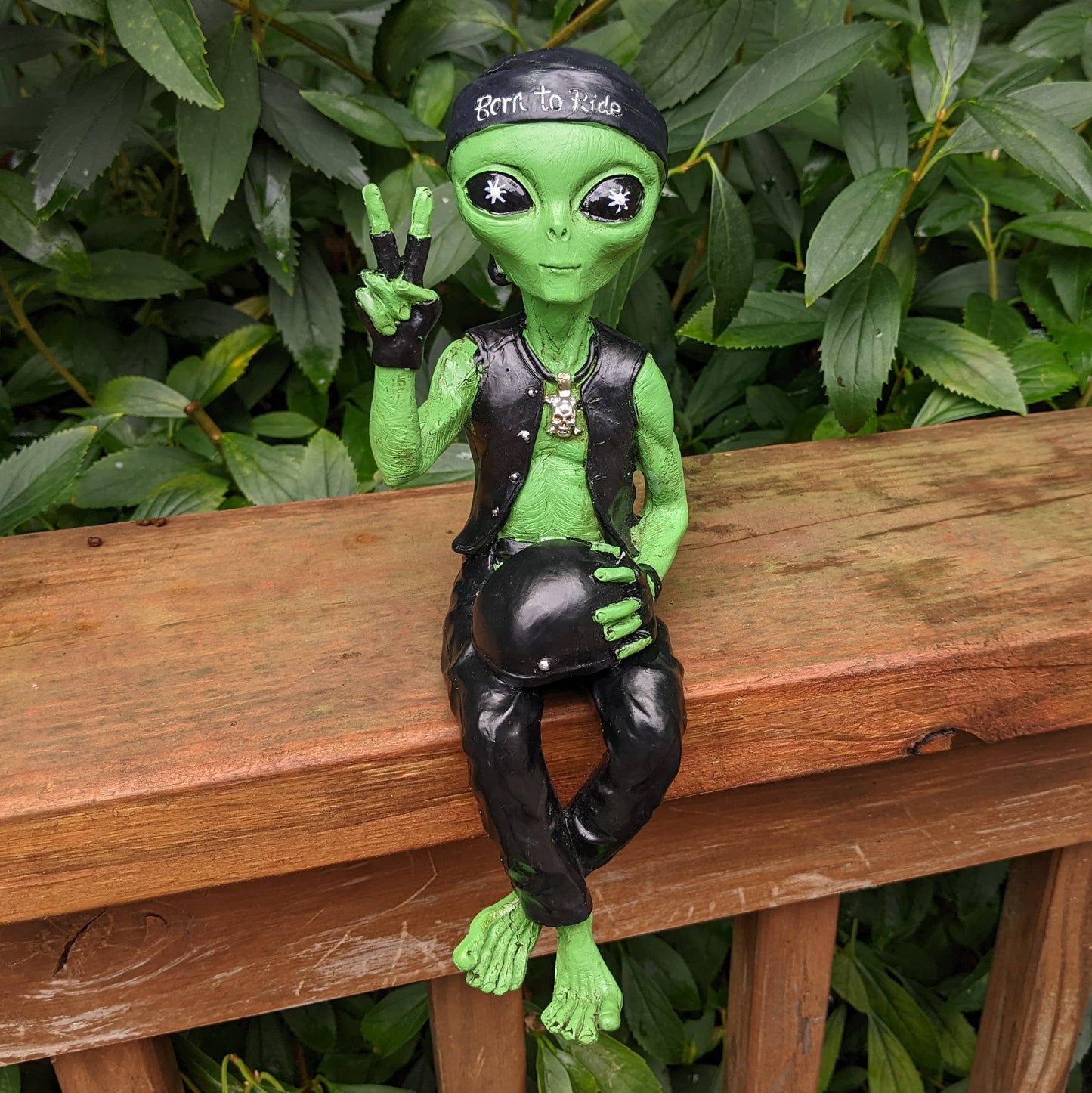 Alien Invasion Biker Dude Ledge Lounger 10" tall Figurine: Green