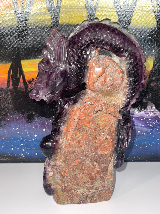 Purple Fluorite Dragon on Red Jasper Base Combination Carving