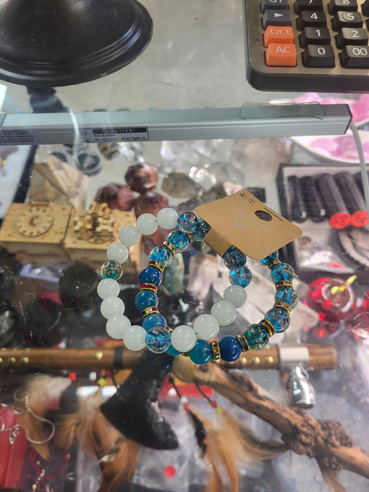Blue Lace Agate Clear Quartz w/ Flower Charm White Luminous Bracelet