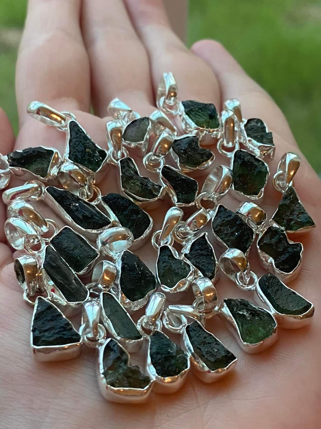 Moldavite Raw Sterling Silver Pendant